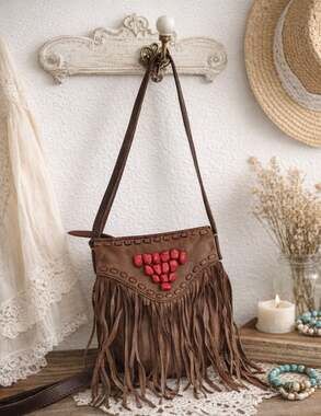 Lucky Brand Brown Leather Fringe Crossbody Bag with Red Stone Embellishments